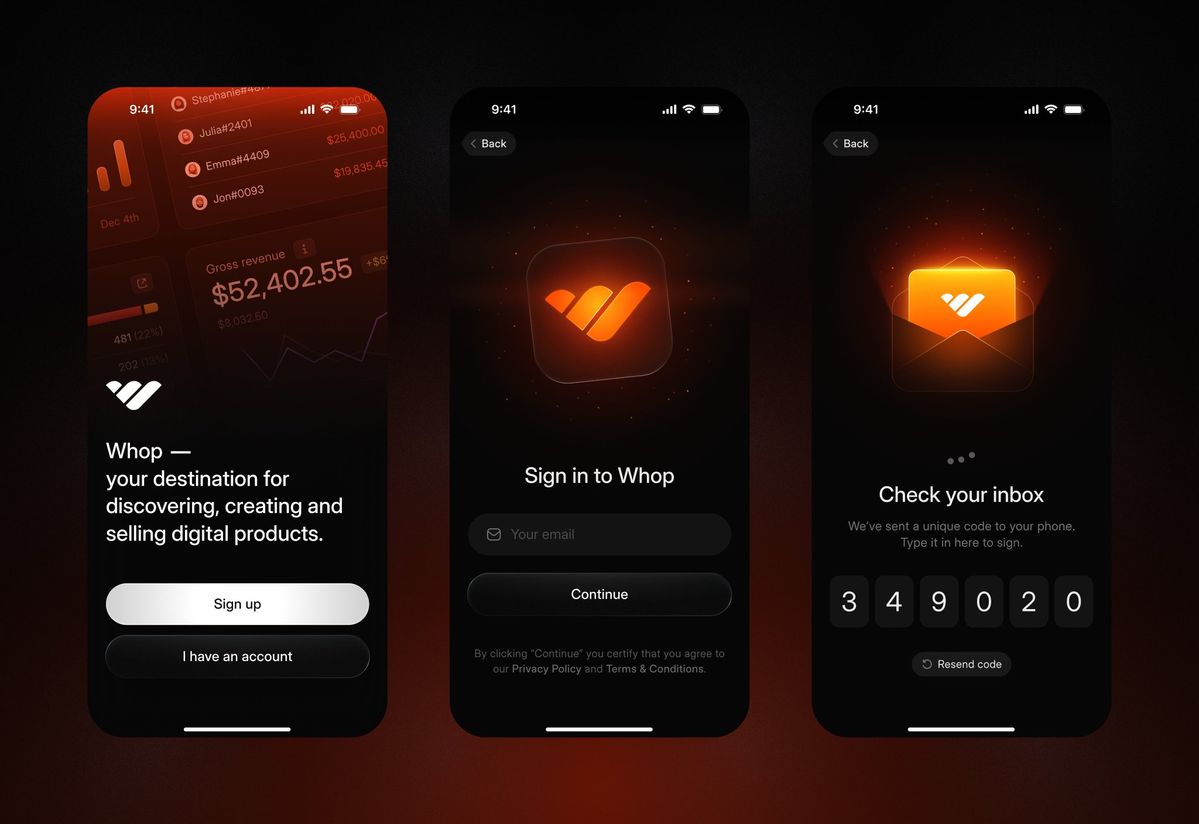 Whop digital products marketplace app UI